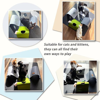 Interactive Cat Tunnel Toys for Indoor Cats,4-Way Felt Cat Tunnel Play Mat with Feathers & Bell 6 Pcs Cats Enrichment Toys Set Foldable Kittens Cave Hideout for Pet Hide & Seek (Dark Gray)