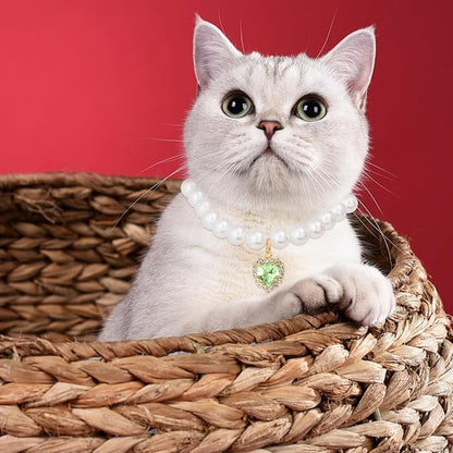 2pcs Cat Pearl Collar with Heart Pendant, Cute Pearl Pet Necklace in Small, Adjustable Wedding Party Small Dog Jewelry Accessories for Puppy Kitten- Green & Purple