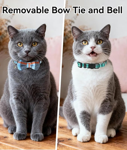 Joytale Upgraded Cat Collar with Bells, Breakaway Cat Collars with Bow Tie, 2 Pack Girl Boy Safety Plaid Kitten Collars, Haze Blue+Teal