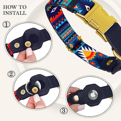 AirTag Dog Collar for Small Medium Large Breed - Adjustable Cute Pattern Dog Collar with Airtag Holder - Soft Leather Tracker GPS Apple Air Tag Pet Collars (Medium, 14"-18" Neck Fit, Navajo)
