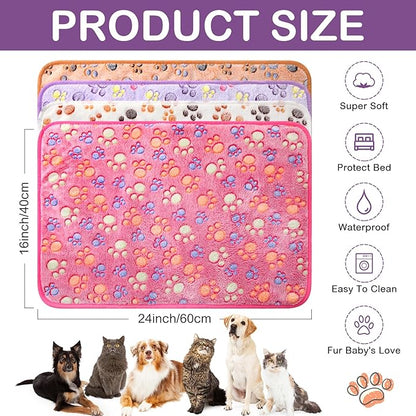 Panelee 4 Pcs Waterproof Dog Blankets Washable Puppy Paw Print Fleece Blanket for Small Medium Pet Cat Whelping Warm Soft Sleep Mat Guinea Pig Cage Liners(Multicolor,24 x 16 Inch)
