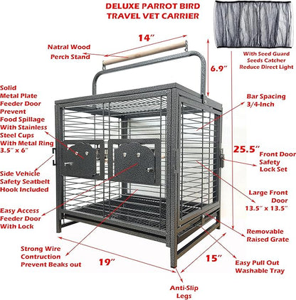 Portable and Durable Heavy Duty Travel Vet Bird Parrot Carrier Play Stand Perch Cage Feeding Bowl Stand with Handle and Accessories Prevent Beaks Out Include Cage Cover