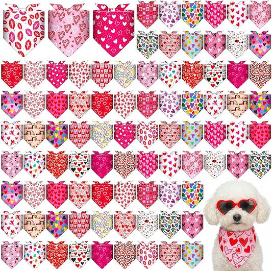 Youyole 120 Pcs Valentine's Day Dog Bandana Bulks Love Dog Bandanas Valentine's Day Pet Scarf Soft Cat Triangle Scarves Pet Bandana Red Pink Heart Bibs for Small and Medium Breed