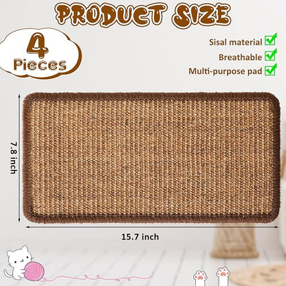 Tuanse 4 PCS Cat Scratcher Mat, 15.7 x 7.8 Inches Sisal Cat Scratching Pad, Horizontal Floor Scratching Pad Rug with Adhesive Loop Tape for Protect Couch and Carpets(Brown)