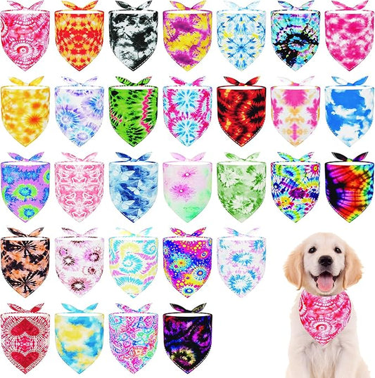 30 Pcs Tie Dye Dog Bandanas for Small Dogs Medium Stitch Dog Bandana Bulk Reversible Print One Side Large Polyester Scarves Party Grooming M