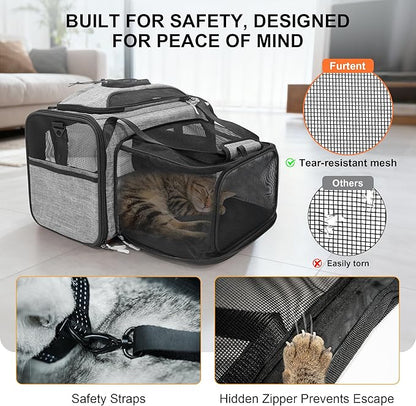 Top and Side Expandable Pet Carriers, 16x11x11 Airline Approved Soft-Sided Cat Carrier for Small Dogs and Cats, in-Cabin Travel Carrier with Anti-Scratch Mesh, Grey