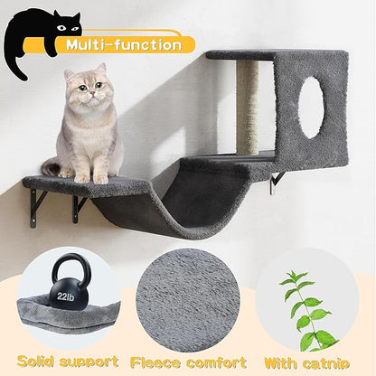 NUNU LAB Wall Mounted Cat Furniture Set - 6 Pcs Climber Set with House, Bridge, Steps, Scratcher Board - DIY Walls Playground, Indoor Cat Shelves - Dark