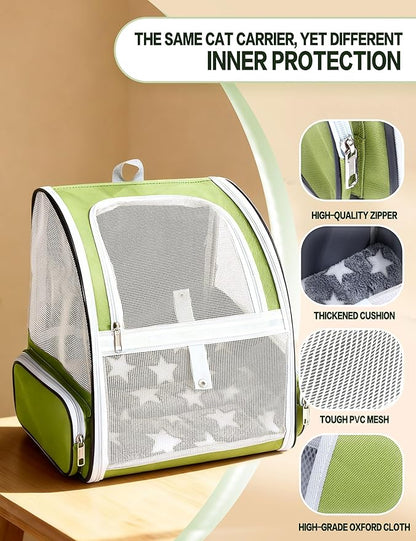 Green Cat Backpack Carrier with Washable Crate Bed Mat Breathable Cat Carrier Large Space for Medium Small Dog Puppy Kitty Bunny Ventilated Mesh Pet Backpack for Cats Travel Hiking Walking Outdoor Use