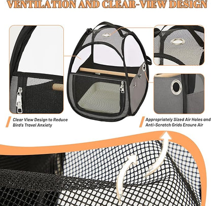 Bird Carrier for Travel with Clear Windows, Breathable Safe Fabric, Lightweight Small Bird Cage with Tray, Stand and Feeder, Portable Pet Bag for Parrot, Vet Visit, Outdoor, Small Animals