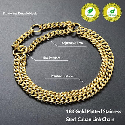 Stainless Steel 18K Gold Dog Chain Collar - Adjustable, Chew Proof, Double Row Cuban Link for Large, Small, Medium Dogs