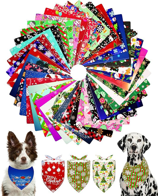PET SHOW 50 Pack Christmas Big Dog Bandanas Bulk XL Washable Happy New Year Triangle Bibs for Medium Large Dogs Girl Boy Xmas Kerchief Set Pet Scarves Holiday Grooming Accessories