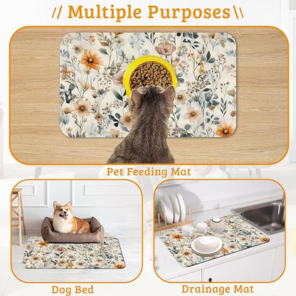 Vintage Flowers Dog Cat Food Mat,Herbs Absorbent Waterproof Placemat for Food and Water Non Slip Rubber Backing Durable Feeding Pad for Clean Floors 12" x 20"