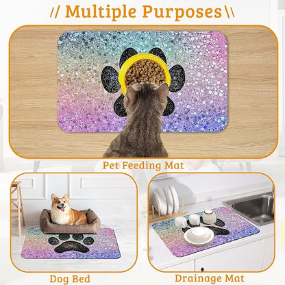 Pet Feeding Mat,Dog Paw Absorbent Dog Cat Food Mat Dog Mat with Rubber Backing,Non-Slip Water Bowl Placemat,Pet Supplies 16" x 24"