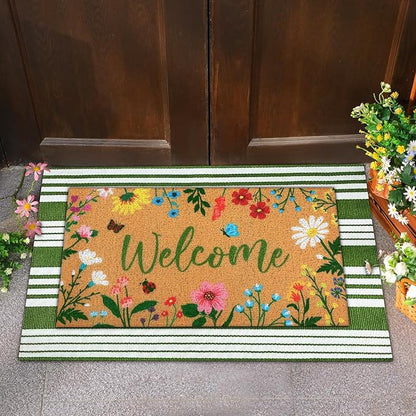 Tinideya 2 Pcs Spring Welcome Door Mat Floral Outdoor Layered Doormats for Front Door Non Slip Wildflower Coir Floor Mat Green White Stripe Rugs for Outside Front Porch Entryway Decor