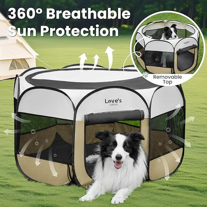 Love's cabin Pet Puppy Dog Playpen, Small Dog Tent Crates Cage Indoor/Outdoor, Portable Playpen for Cat, Foldable Pop Up Dog Kennel Playpen with Carring Case, Removable Zipper Top, Khaki