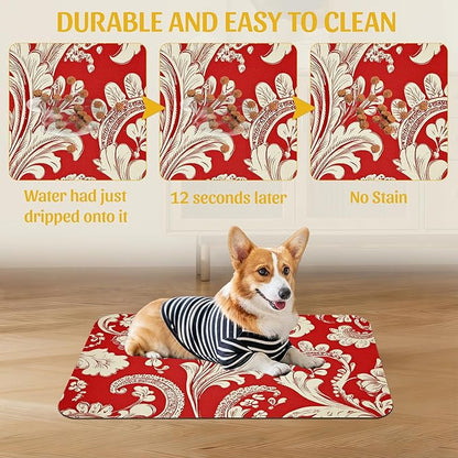 Red White Paisley Pet Food Mat, Absorbent Feeding Pad for Dogs and Cats, Waterproof Anti-Slip Base – 12x20 Inch