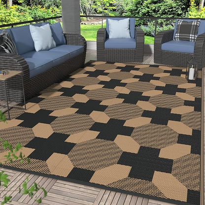 GENIMO Outdoor Rug for Patio Clearance, 6'x9' Reversible Geometric Plastic Straw Rugs, Lightweight Waterproof RV Camping Mat for Camper, Balcony, Deck, Backyard, Picnic, Black Brown