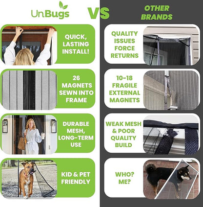 UnBugs Magnetic Screen Door - Fits Doors up to 38 x 82 Inches MAX - Pet & Kid Friendly, Self-Closing - Hands Free Magnet Closure Keeps Bugs Out & Breeze in