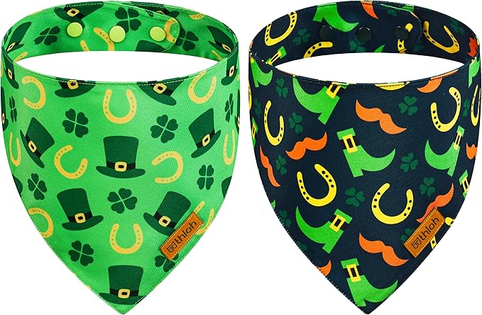 St. Patrick's Day Dog Bandanas with Snap Button, 2 Pack Reversible Shamrock Dog Scarf for Boy & Girl, Premium Durable Fabric, Gift for Dogs, Holiday Bandana for Small Dogs (Small)