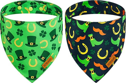St. Patrick's Day Dog Bandanas with Snap Button, 2 Pack Reversible Shamrock Dog Scarf for Boy & Girl, Premium Durable Fabric, Gift for Dogs, Holiday Bandana for Small Dogs (Small)