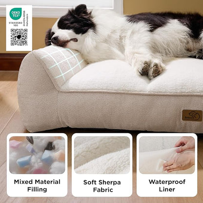 Bedsure SupportMax™ Orthopedic Dog Bed Medium Size Dog - Extra Thick Supportive Medium Dogs Beds with Waterproof Washable Cover, Comfort Pet Bed Sofa with Soft Sherpa and Nonskid Bottom, Beige, 35"