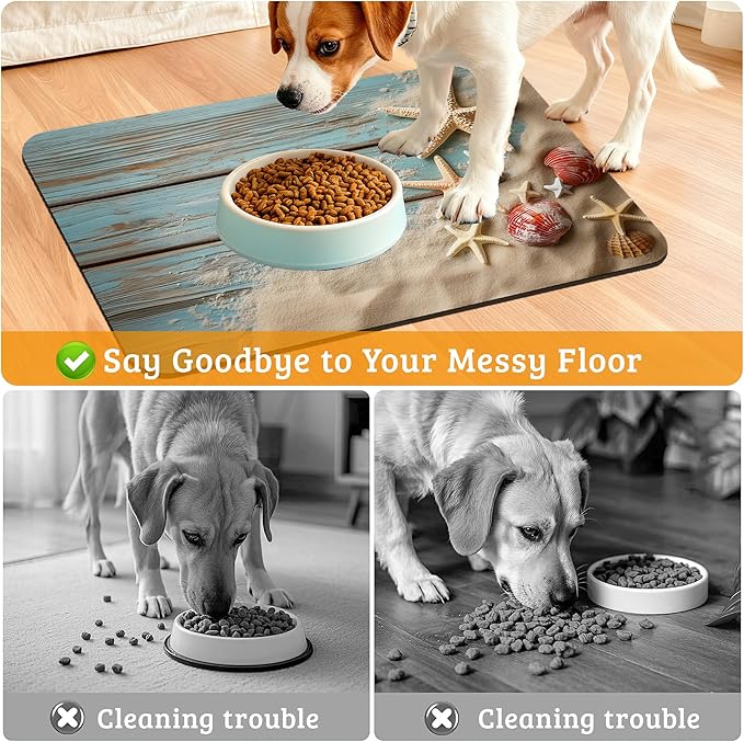 Sand Starfish Dog Cat Food Mat,Wood Board Absorbent Waterproof Placemat for Food and Water Non Slip Rubber Backing Durable Feeding Pad for Clean Floors 16" x 24"