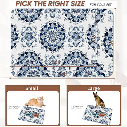 Mandala Flower Dog Food Mat for Floors,Blue Boho Floral Absorbent Quick-Dry Pet Feeding Mat,Cat Dog Bowl Mats for Food and Water,Non-Slip Pet Accessories Supplies 16"x24"