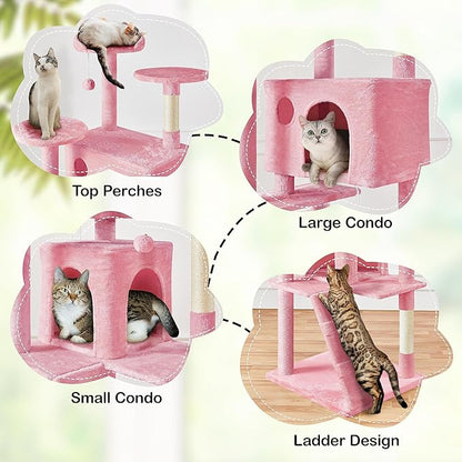Yaheetech XL Cat Tree, 80in Multi-Level Cat Tower w/Scratching Posts, Double Condo, Perched Platforms and Dangling Balls, Pet Activity Center for Kittens, Pink