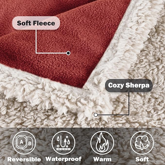 Kritter Planet Waterproof Pet Blanket for Bed, Reversible Sherpa Fleece Protector Couch Cover for Pets, Liquid Proof Furniture Protector for Medium Large Dogs