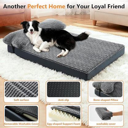 KISYYO Orthopedic Dog Beds for Extra Large Dogs with Removable Washable Cover and Removable Pillow for Crate,Waterproof Extra Large Dogs Mat, Grey, 29x20