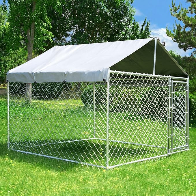HITTITE Extra Large Outdoor Dog Kennel, Anti-Rust Dog Kennel Outside with Roof, Galvanized Chain Link Dog Runs for Outside with Waterproof UV-Resistant Cover and Secure Lock