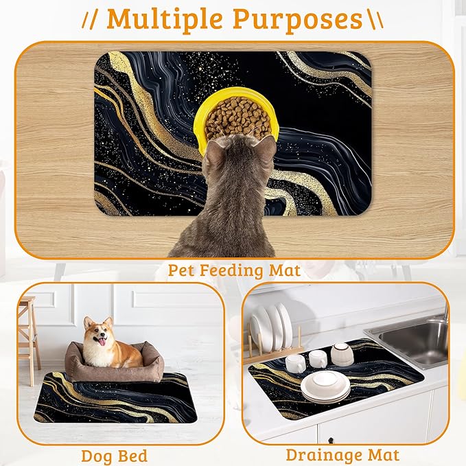 Dog Bowl Mat,Abstract Marbled Pet Feeding Mat for Floors Waterproof,Gold Black Absorbent Dogs Placemat for Food and Water Quick Dry Pet Cat Feeding Mats with Non Slip Bottom 16" x 24"