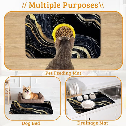 Dog Bowl Mat,Abstract Marbled Pet Feeding Mat for Floors Waterproof,Gold Black Absorbent Dogs Placemat for Food and Water Quick Dry Pet Cat Feeding Mats with Non Slip Bottom 16" x 24"