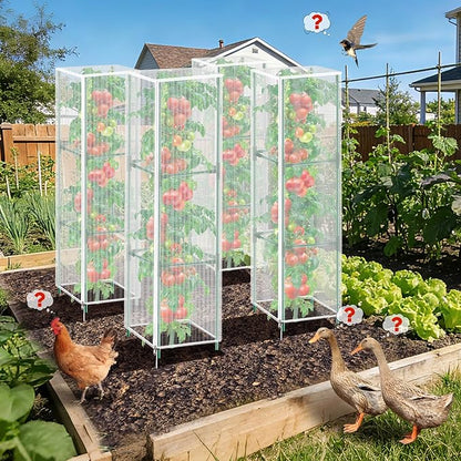 3 Pack Garden Bird Netting Plant Cover for Square Tomato Cage,14.6"x14.6"x51.2" Insect Bird Barrier Tomato Cage Net with Zipper Drawstring,Tomato Trellis Netting Protection Cover for Protecting Plants