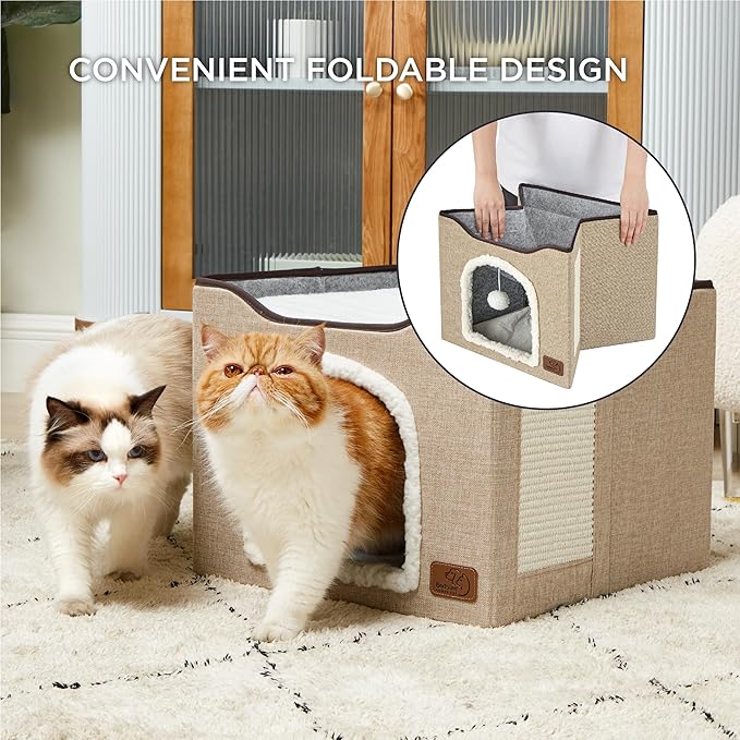 Bedsure Cat Beds for Indoor Cats - Large Cat Cave for Pet Cat House with Fluffy Ball Hanging and Scratch Pad, Foldable Cat Hideaway, 16.5x16.5x13 inches, Brown