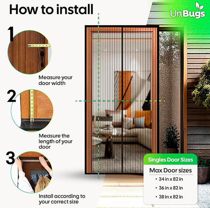 UnBugs Magnetic Screen Door - Fits Doors up to 38 x 82 Inches MAX - Pet & Kid Friendly, Self-Closing - Hands Free Magnet Closure Keeps Bugs Out & Breeze in