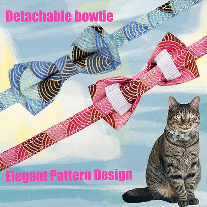 Collar for Cat Pet Breakaway with Bell Bowtie Detachable Bow Adjustable Safety Kitten Puppy Girl Boy 2pcs Kimono-Blue & Pink