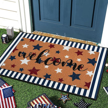 Tinideya 2 Pcs Door Mat Welcome Non Slip Coir Mats Floor Layering Doormats Seasonal for Front Porch Entryway Decor(Patriotic)