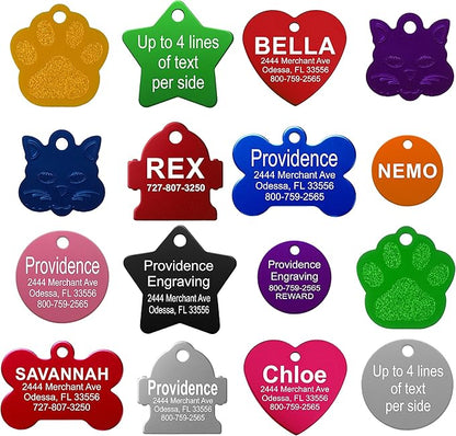 Providence Engraving Pet ID Tags - Small or Large Personalized Anodized Aluminum Pet Tags in Bone, Round, Star, Heart, Hydrant, Paw and Cat Face Shapes and 9 Colors for Dog and Cat