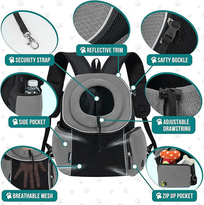 PetAmi Front Carrier Backpack for Dogs and Cats - Ventilated Adjustable Pet Chest Carrier for Hiking, Camping, Travel - Small to Medium Pets Up to 10 lbs - Grey