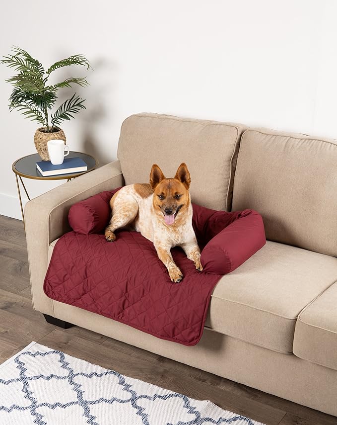 E-Living Store Pet Furniture Protector Non-Slip Water-Resistant Cover for Dogs and Cats with 3-Sided Bolster Soft Fabric - Medium, Cranberry