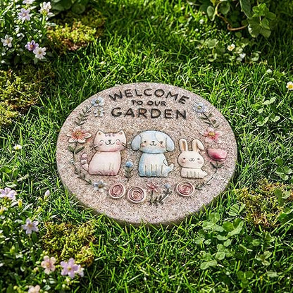 Garden Stepping Stones Outdoor, 9.8" Resin Pet Cat Dog Bunny Stepping Stone for Walkway Gardening Gifts, Spring Decorative Round Welcome to Our Garden Home Decor for Outside Yard Patio Lawn