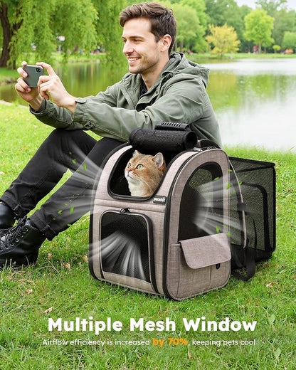 Pecute Cat Backpack Carrier Expandable, Pet Backpack for Cats & Small Dogs Up to 11lbs, with 4-Side Breathable Mesh, Multi-Entry & Lockable Zippers for Travel, Hiking, Camping - Hands Free, Khaki
