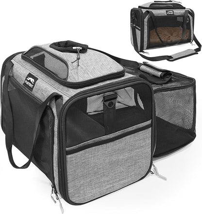 Top and Side Expandable Pet Carriers, 16x11x11 Airline Approved Soft-Sided Cat Carrier for Small Dogs and Cats, in-Cabin Travel Carrier with Anti-Scratch Mesh, Grey