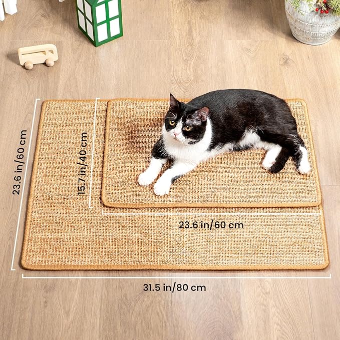 Cat Scratcher Mat,Sisal Cat Scratch Pad with Hook&Loop Tape,Wall Floor Kitten Scratching Pads Rug for Indoor,Furniture Protector for Couch&Carpets&Sofas,Kitty Bithday Gifts,Medium,Brown,2 Pack