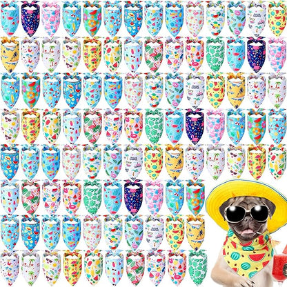 Sweetude 100 Pieces Hawaiian Dog Bandanas Bulk,Summer Bandanas for Dogs Fruit Flamingo Palm Leaves Pattern Pet Triangle Scarf Puppy Kerchief Bibs for Medium Small Pets Summer Costume Accessories