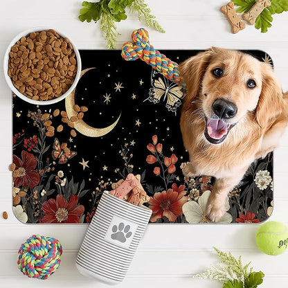 Moon Butterfly Pet Feeding Mat,Vintage Garden Luxury Absorbent Quick-Dry Cat Dog Food and Water Bowl Mats,Non-Slip Rubber Backing Mat,Cat Dog Accessories Supplies 12"x20"