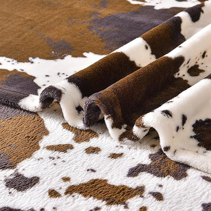 Bnuitland Brown Cow Print Flannel Throw Blanket (60x80 Inches) with Storage Pouch,300 GSM Double Sided Twin Size Bed Fleece Blanket, Super Soft Cozy Outdoor Lap Throw, Lightweight Fuzzy Home Decor
