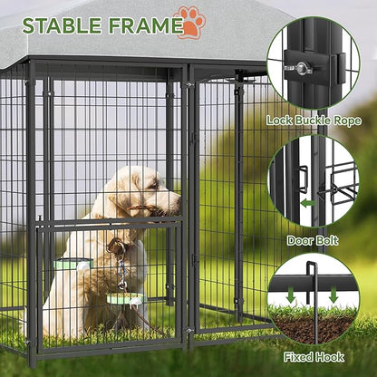 Mr IRONSTONE Outdoor Dog Kennel Heavy Duty Metal Dog Enclosure with Roof, Rotating Food & Water Feeder, Waterproof Covered Large Dog Run for Backyard, Secure Lock Design (4'L x 4'W x 4.4'H)