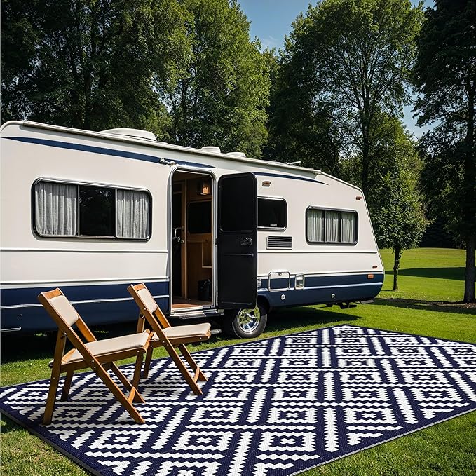 GENIMO Outdoor Rug for Patio Clearance, 9'x18' Waterproof Camping Mat, Reversible Plastic Straw Rugs for RV, Camper, Balcony, Backyard, Picnic, Deck (Navy Blue & White)